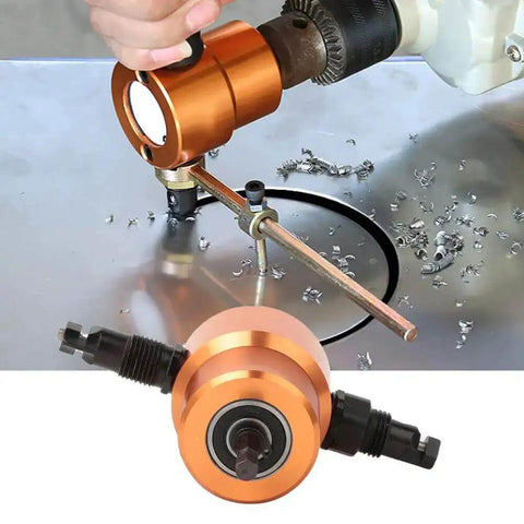 360 Degree Double Head Sheet Metal Cutter Nibbler Drill Attachment cutting metal with rotating head shown in close-up view.