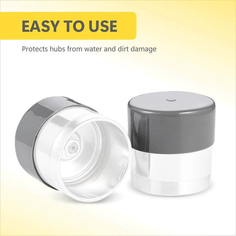 2 Pack Trailer Dust Covers 1.98 in Rubber Wheel Protectors shown on a light background, one upright and one lying down.