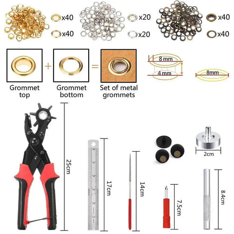 All In One Belt Hole Punch Tool Kit With Multiple Size Grommet Eyelets For Belts Watch Bands Straps displayed with accessories