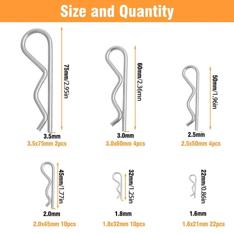 Heavy Duty Cotter Pins Kit With Alloy Steel R Clip Set 52 Pieces Six Sizes For Trailers Trucks Lawn Mowers And Industrial Maintenance Locking Mechanism Cold Forged Zinc Nickel Plated - six cotter pin sizes diagram