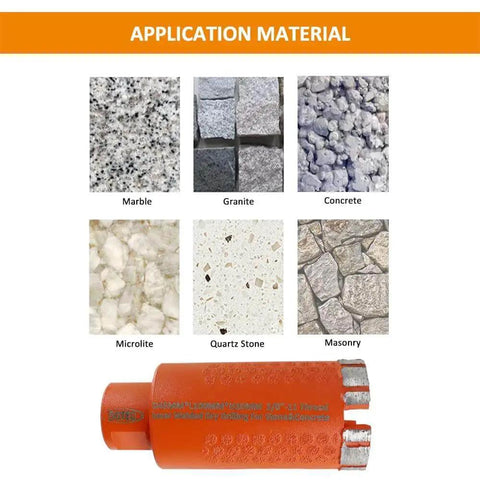 Diamond Core Drill Bit 1.75 Inch Diameter For Concrete Granite Marble Travertine And Terrazzo Dry Or Wet Cutting shown with application materials.