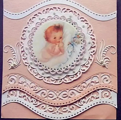 Vintage Lace Die Cuts 6 Piece Set With Wavy Border Edges Cutting Dies used on a baby-themed card with intricate design details.