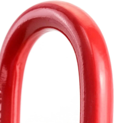 Close-up of red Oblong Master Link for Lifting and Rigging 1/2 inch thick Grade 80 steel heavy-duty chain ring rated 4400 lbs