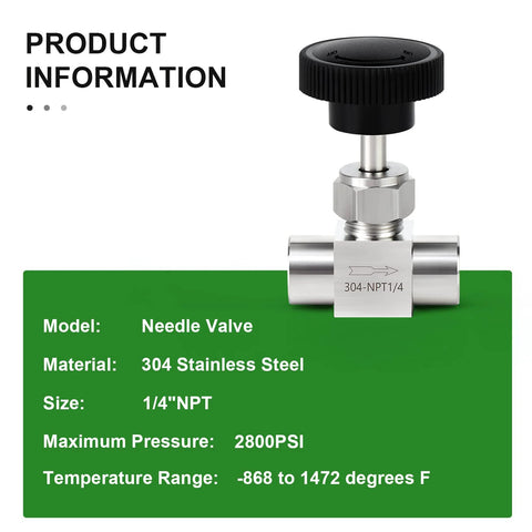 Needle valve, 304 stainless steel, 1/4" NPT female port