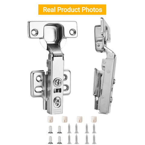 Full Overlay Soft Close Cabinet Hinges For Frameless Concealed Doors European Style Slick Clip On Four Hole Mounting Plate Nickel Plated Finish 2 Pack Easy Tool Free Installation For Kitchen And Vanity Cabinets, with screws included, front view.