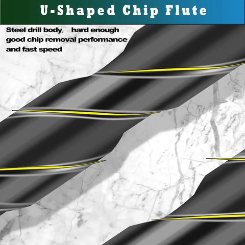 Close-up of Eccentric Drill Bit Set 10 Piece Three Sixteenths To One Half Inch For Masonry Concrete Tile Glass Brick Plastic Cement Wood With Durable Storage Case Pro DIYers Black showing U-Shaped Chip Flute design on marble surface.