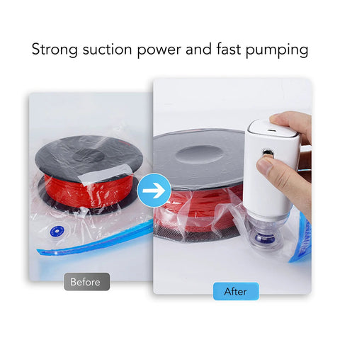 Electric cordless handheld vacuum pump in white sealing a vacuum storage bag.