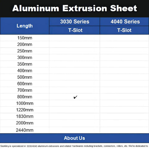 Table showing lengths available for 3030 and 4040 T-slot aluminum extrusions; 800mm marked for 3030 series.