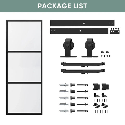Clear Tempered Glass Barn Door 28 Inch By 84 Inch With Carbon Steel Frame Pre Drilled For Easy Assembly Including 5 Foot Hardware Kit And Soft Close System For Smooth Sliding And Modern Interior Spaces package list showing door and hardware components