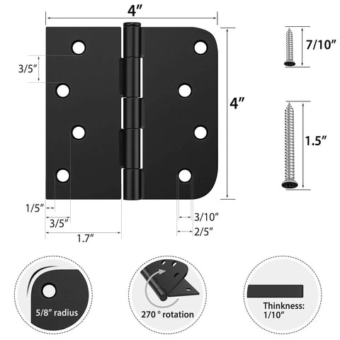 Diagram of 3 Pack Black Exterior Door Hinges 4 Inch with Five Eighth Inch Radius Removable Pin showing dimensions and screws