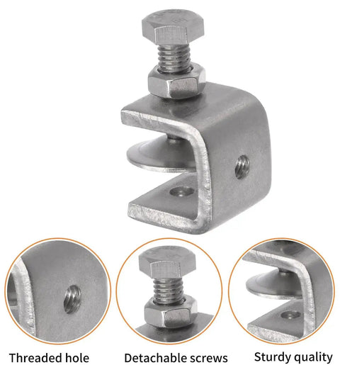 Mini Tiger Clamp Set For Mounting, Boss Heavy Duty Stainless Steel U Clamps And Small Desk G Clamps, close-up of U clamp with threaded hole and detachable screws.