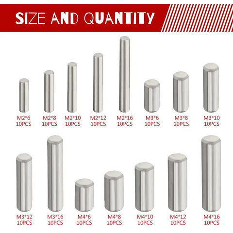 Stainless Steel Dowel Pins Shelf Support Pegs Kit, 150 Pieces, M2 M3 M4, 15 Sizes, display of different sizes and quantities