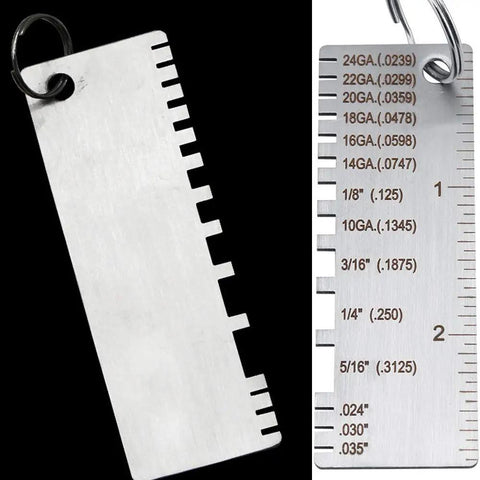 2 Pack Stainless Steel Welding Gauge Kit for Sheet and Wire Thickness - Dual-Sided Round Wire Gauge 0-36 AWG and SAE, Cable and Metal Sheet Gauge, Workhorse Precision Measurement Tool close-up view of gauge measurements.