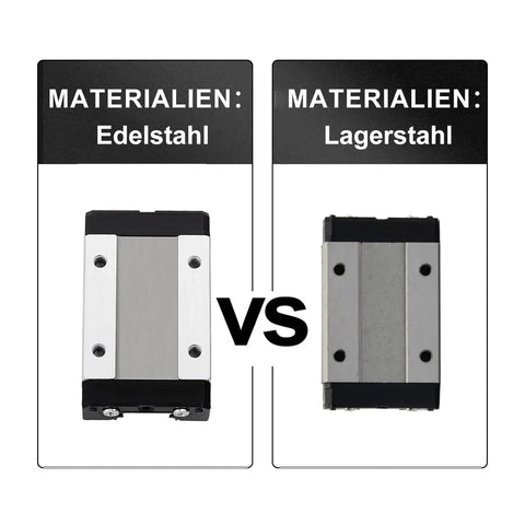 Comparison of stainless steel and bearing steel carriage blocks for 500mm MGN12 linear rail guide.