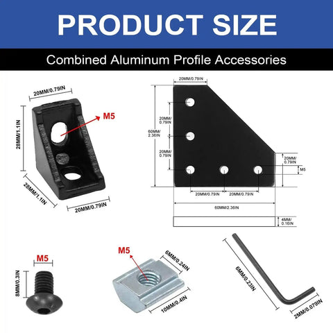 Heavy Duty 34 Pack 2020 Aluminum Extrusion Corner Brackets And Hardware Kit With L Shaped Plates Corner Angles Sliding Hook T Nuts And Screws For 20x20 Series Black product size and dimensions illustration.