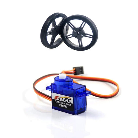 Blue transparent FS90R continuous-rotation micro servo with orange/black lead and two black RC wheels