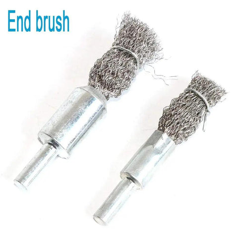 End brushes from 7 Piece Boss Grade Stainless Steel Wire Wheel And Crimped Cup Brush Kit For Drill And Rotary Tool Fine 0.0059 Inch