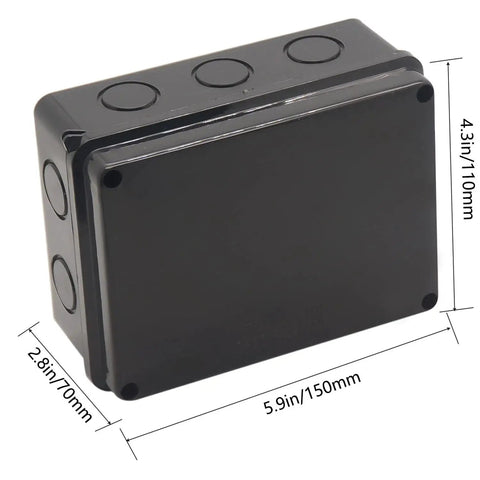 Outdoor IP65 Waterproof Electrical Junction Box in tough ABS plastic, black with reserved hole design, dimensions 5.9x4.3x2.8 inches.