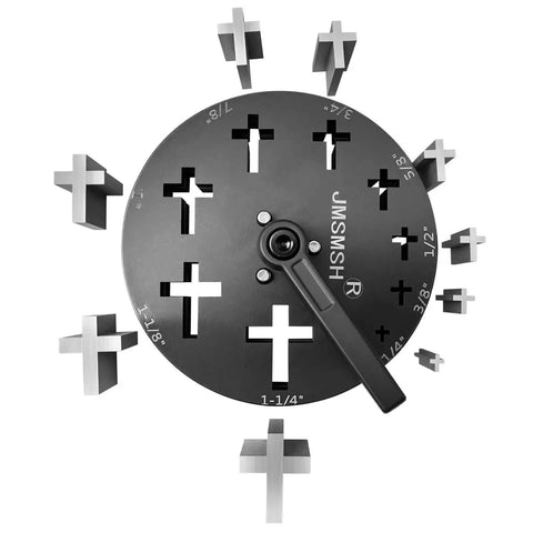 Top view of Disc Cutter Cross Shape Set Of 9 Punches For Jewelry Making Pendant Forming Mold showing steel cross punches