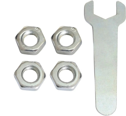 Metal wrench and four silver hex nuts for use with 3-inch thermoplastic rubber caster wheel with 3/8-16 threaded stem.