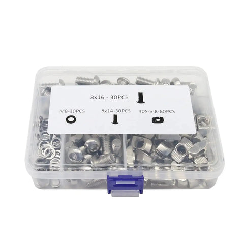 Complete M8 Hardware Kit For 4040 And 4080 Aluminum Extrusion Profiles in clear case with screws, T-nuts, and washers