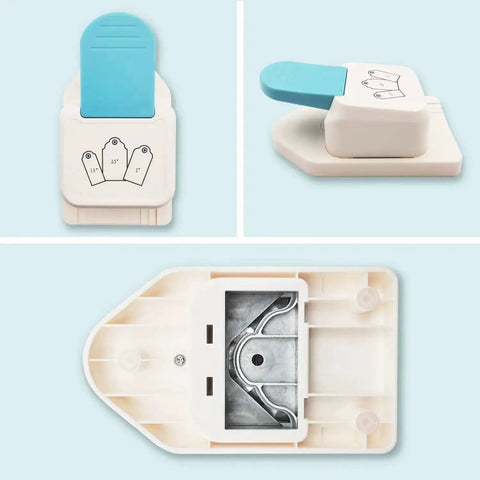 3 In 1 Gift Tag Punch Set With 1.5 Inch, 2 Inch, And 2.5 Inch Round Hole Punches, showing top and side views, includes blue lever.