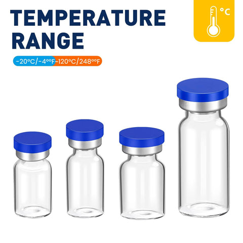 Set of four glass sterile injection vials with blue sealing caps