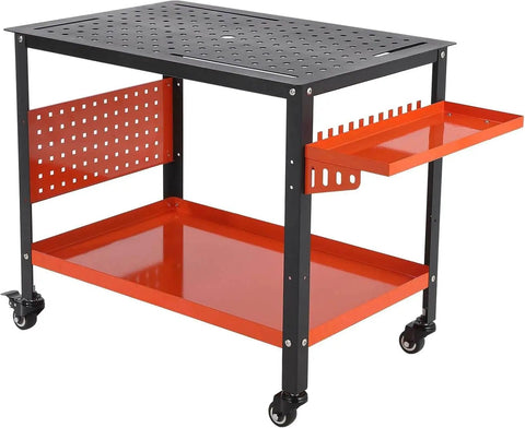 36 By 24 Inch Steel Welding Table With Heavy Duty Frame And 1200 Pound Capacity, Portable Rolling Workbench with tool trays