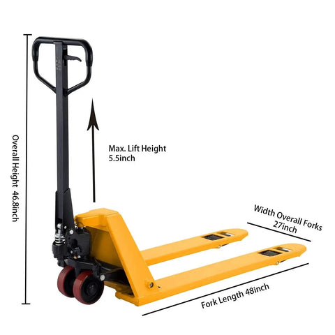 Low Profile Pallet Jack Hand Pallet Truck With Two Inch Lowered Fork Height And 48 By 27 Inch Forks 3300 Lb Capacity Ergonomic Handle