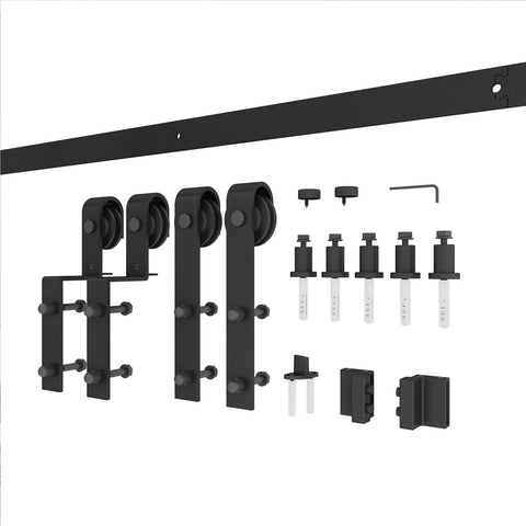 Sliding Barn Door Hardware Kit For Bypass Double Doors With Side Mounted Rails, 400cm Track, Heavy Duty Carbon Steel Components