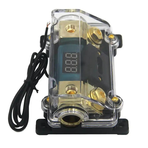 200A Inline ANL Fuse Holder With Digital Voltage Display For Car Stereo Or Audio System Supports 0 2 Or 4 Gauge Wiring In And Out High Current Protection Clean Install Dope For Upgrading Your Audio Setup, shown in close-up view with clear casing and wiring connectors.
