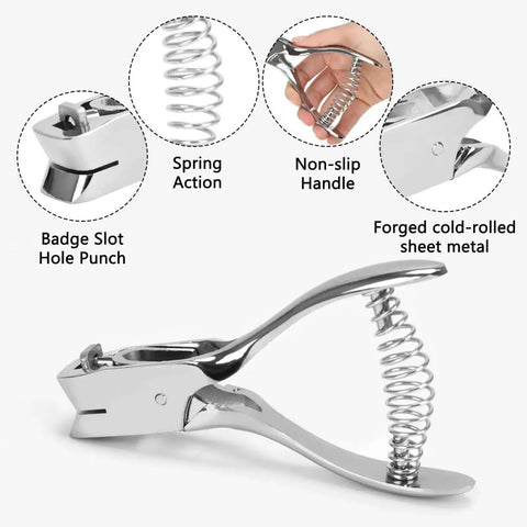 Tough As Nails Heavy Duty Handheld Hole Punch for ID cards and PVC with spring action and zinc alloy, showcasing oval slot blade