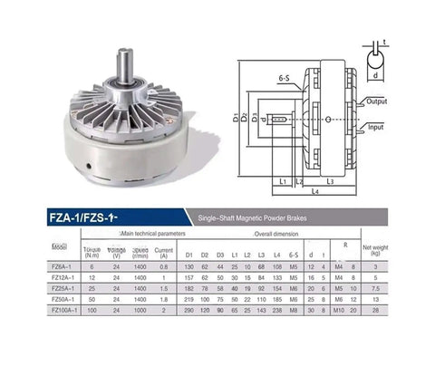 Magnetic Particle Brake FZ50A 1 5 Kg Heavy Duty Industrial Braking System diagram and specifications sheet