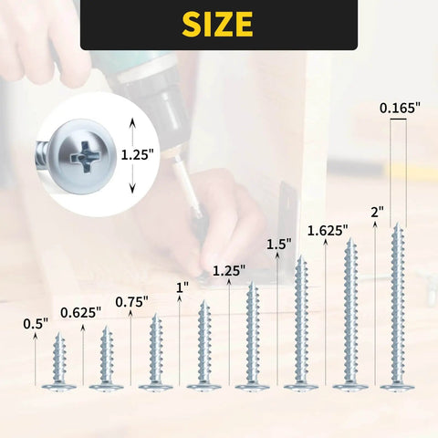 220 Piece Number 8 Truss Head Zinc Wood Screws Set With Phillips Drive, Eight Sizes from 0.5 to 2 inches, with screw size chart.