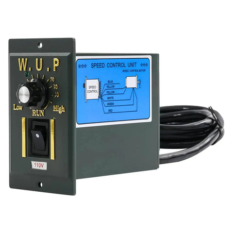 15W 110V AC Gear Motor with Variable Speed Controller unit, showing control knob and wiring diagram, for industrial projects