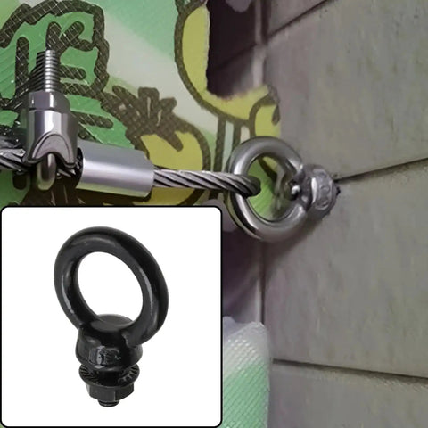 Mounted 10 Pack M6 Lifting Eye Bolts in Black Stainless Steel with lock nuts for heavy duty rigging, hammock hanging setup