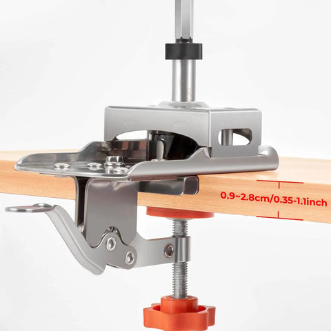 Metal Concealed Cabinet Hinge Clamp Fixture With Precision Locking Adjustable Punch Locator Stainless Steel Woodworking Jig installed on wood
