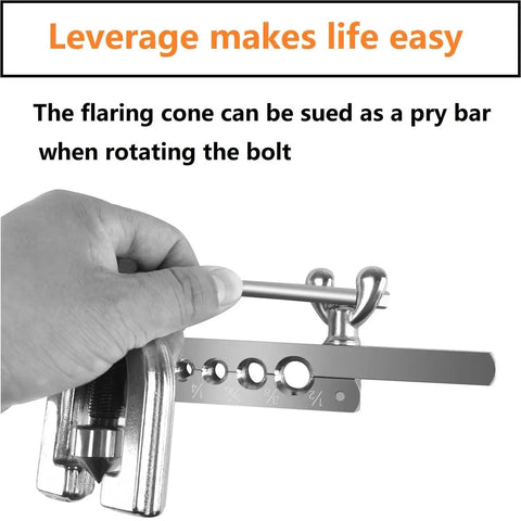 Hand holding a Brake Line Flare Kit For Copper And Aluminum Tubing Dual 3/16 To 1/2 Inch with flaring tool in use