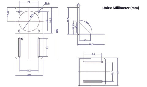 Technical drawing of Heavy Duty Steel Mounting Bracket For NEMA 34 Stepper Motor With Mounting Screws Fits 86mm Motors Built To Last Black Finish