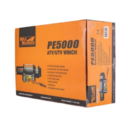 Front view of Mile Marker PE5000 ATV/UTV winch packaging box in orange.