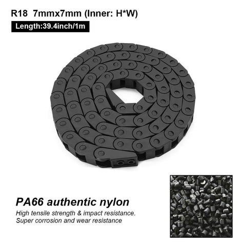 R18 7mm X 7mm Inner Size Black Plastic Cable Drag Chain Bridge Type With End Connectors 1 Meter Length for CNC Machines