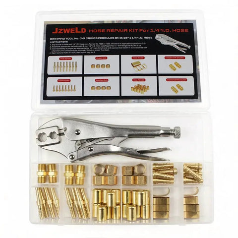Oxygen and Acetylene Torch Hose Repair Kit 1/4 Inch ID Crimper B Size Fittings with brass fittings and crimp tool in box.