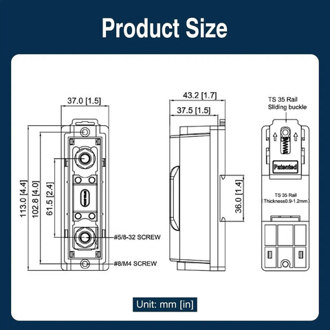 Technical drawing of ANL Fuse Block With 35mm DIN Rail Mount showing dimensions and screw placements.
