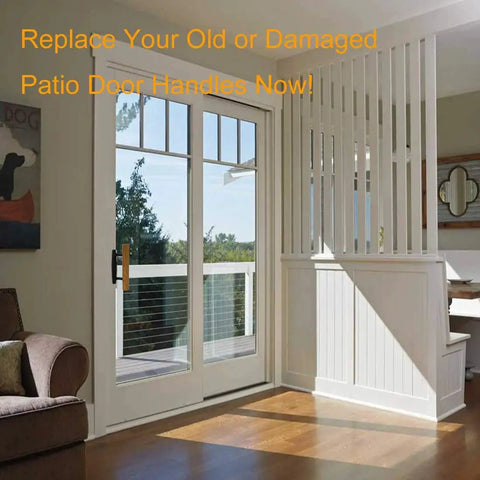 Sliding Patio Door Handle Set With Oak Interior And White Diecast Pull Mortise Lock And 45 Degree Keyway Fits Three To Fifteen Sixteenth Inch Screw Hole Spacing Non Keyed With Latch Locks Replacement For Worn Or Broken Sliding Glass Door Hardware installed on white patio door