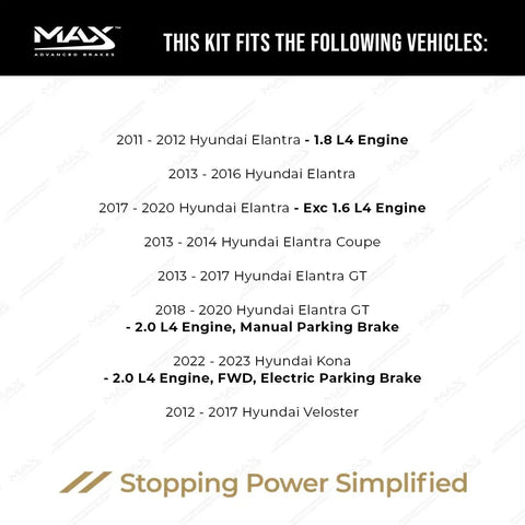 List of compatible vehicle models for Rear Brake Kit With Carbon Ceramic Rotors For 2011-2020 Hyundai Elantra, 2014-2023 Kia Forte And 2014-2023 Kia Soul.