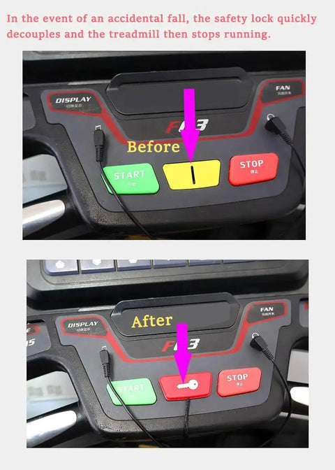 Image showing a treadmill console with Magnetic Treadmill Safety Key With Universal Compatibility inserted, demonstrating emergency stop.
