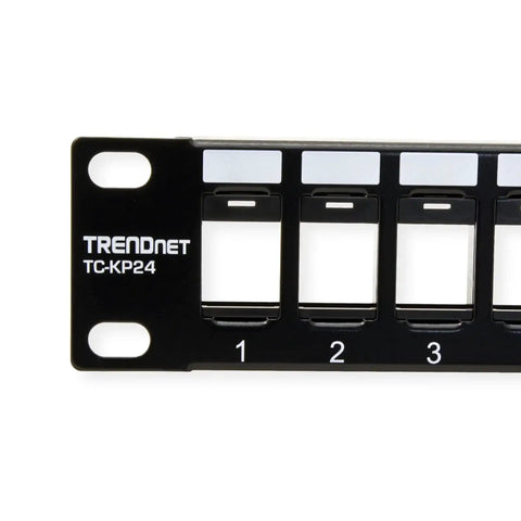 Close-up of 24-Port Blank Keystone 1U Patch Panel for Cat6 jacks, 19-Inch Rackmount, Steel Black, NDAA Compliant