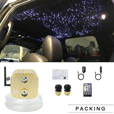 Next-Level Bluetooth 20W Dual-Port Fiber Optic Star Ceiling Kit With 860 Fiber Strands 13.1Ft Each RGBW Lights shown installed in car