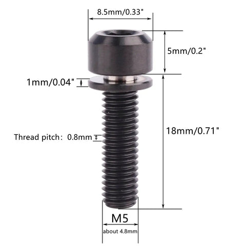 Ultra Lightweight Titanium Hex Bolts For Bicycle Stem With Washer Pack Of 6 M5 X 16, 18, 20mm, showing bolt dimensions.