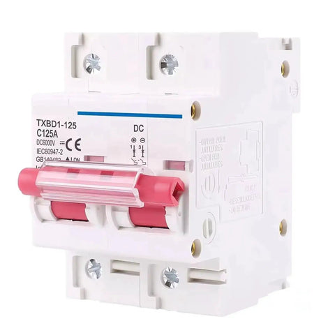 Front view of 2P DC Circuit Breaker For Solar PV Systems 12-600V 80A-125A C Curve 10kA Fault Rating 35mm DIN Rail Mini MCB
